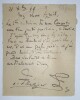 FLEGIER Ange - Carte lettre autographe sign&eacute;e et dat&eacute;e du 31 d&eacute;cembre 1899 - Concerto - Premi&egrave;re audition. Ange Fl&eacute;gier