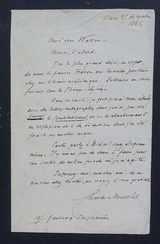 Charles MONSELET, &Eacute;crivain - LETTRE AUTOGRAPHE SIGN&Eacute;E A [Jean WALLON]. Charles MONSELET