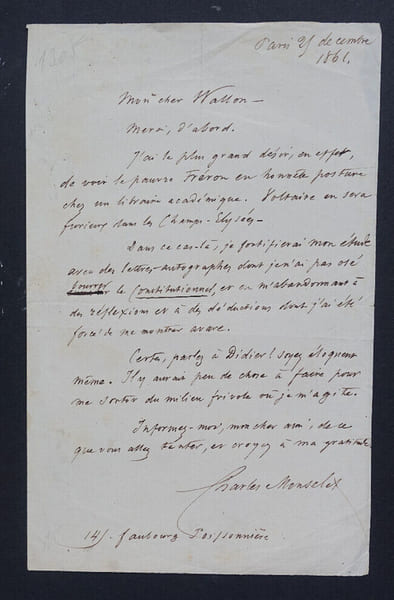 Charles MONSELET, &Eacute;crivain - LETTRE AUTOGRAPHE SIGN&Eacute;E A [Jean WALLON]. Charles MONSELET