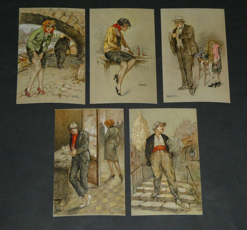 5 Cartes postales portraits de femmes curiosa sign&eacute;es Laporte, "Bas fonds de Paris". Laporte