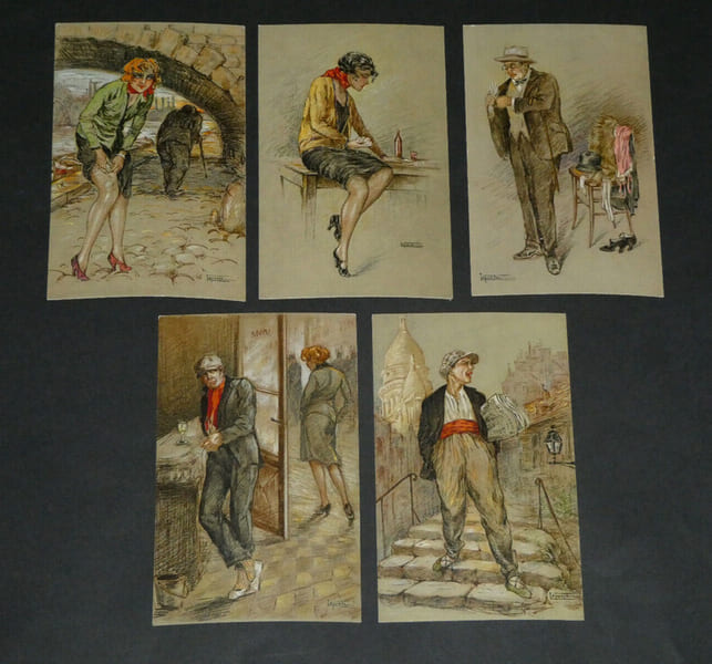 5 Cartes postales portraits de femmes curiosa sign&eacute;es Laporte, "Bas fonds de Paris". Laporte