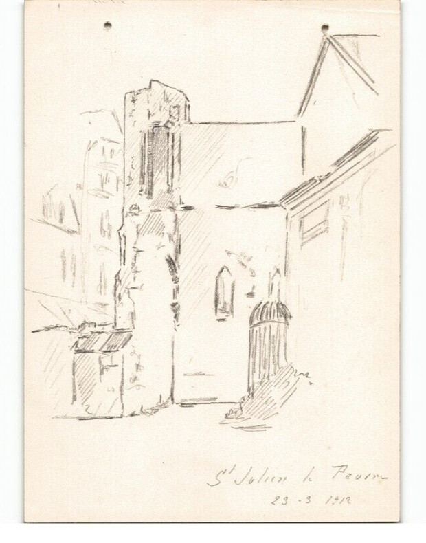 Dessin au crayon, &Eacute;glise Saint Julien le Pauvre par E. Phelipeau, 29 mars 1912. E. Phelipeau