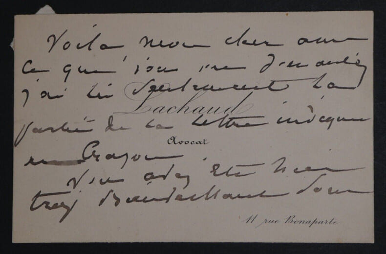 Charles LACHAUD, Avocat - CARTE DE VISITE AUTOGRAPHE SIGN&Eacute;E. Charles LACHAUD