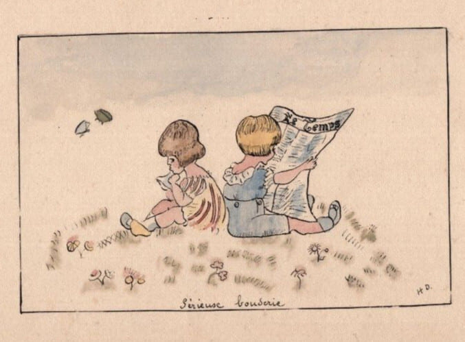 Dessin &agrave; l'encre et &agrave; l'aquarelle enfantin, "S&eacute;rieuse lecture" sign&eacute; H.D. H.D