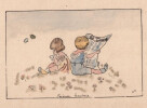Dessin &agrave; l'encre et &agrave; l'aquarelle enfantin, "S&eacute;rieuse lecture" sign&eacute; H.D. H.D