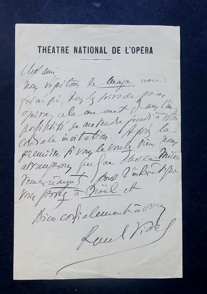 LETTRE AUTOGRAPHE SIGN&Eacute;E, TH&Eacute;&Acirc;TRE NATIONAL DE L'OP&Eacute;RA. VIDAL Paul