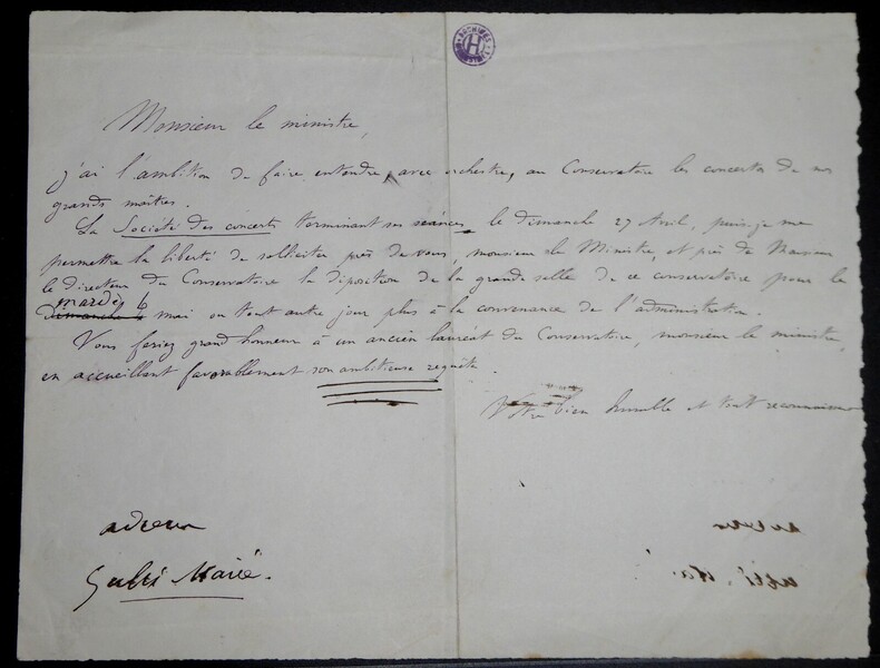 Lettre autographe sign&eacute;e destin&eacute;e &agrave; un Ministre. Gabriel Marie