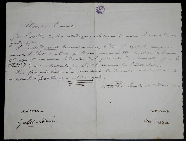 Lettre autographe sign&eacute;e destin&eacute;e &agrave; un Ministre. Gabriel Marie