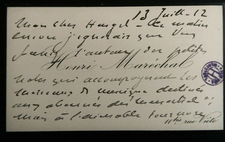MARECHAL Henri - CARTE DE VISITE AUTOGRAPHE SIGN&Eacute;E &Agrave; Henri HEUGEL, 1912. Henri Mar&eacute;chal