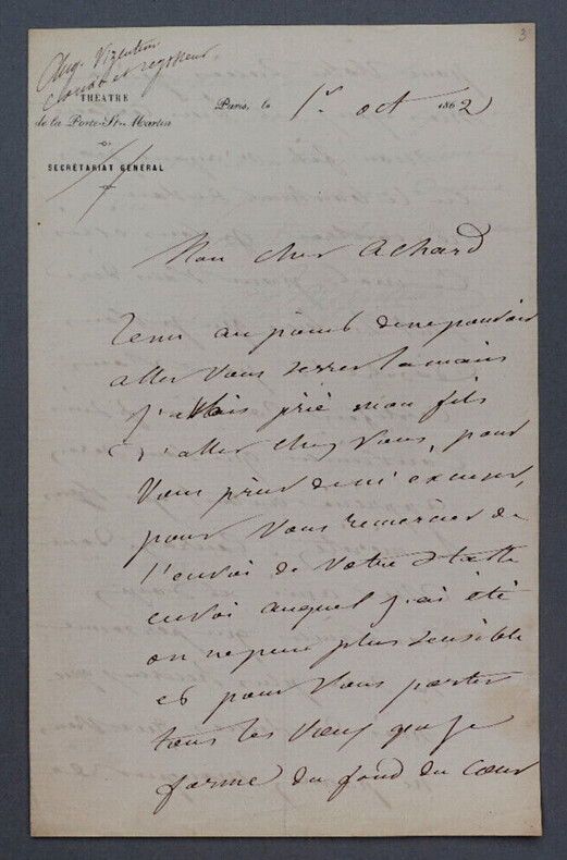 Albert VIZENTINI, Violoniste - LETTRE AUTOGRAPHE SIGN&Eacute;E, 1862. Albert VIZENTINI