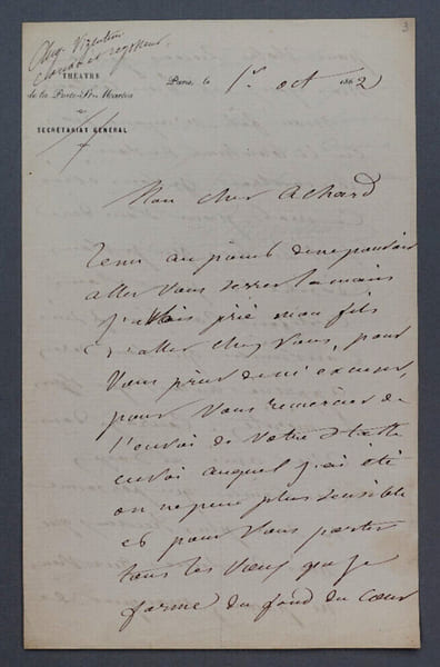 Albert VIZENTINI, Violoniste - LETTRE AUTOGRAPHE SIGN&Eacute;E, 1862. Albert VIZENTINI