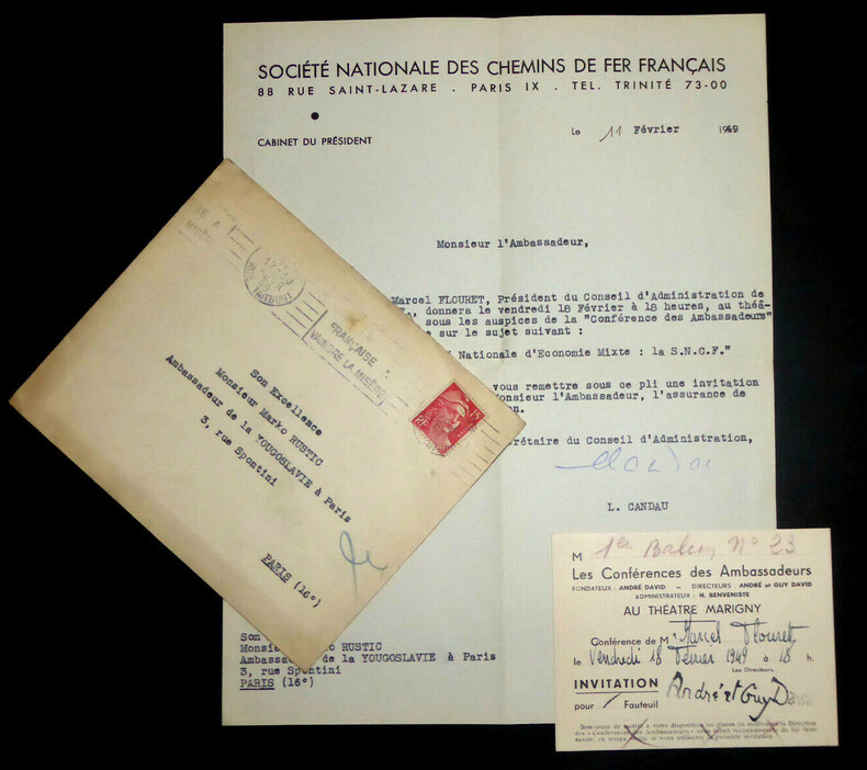 Lettre d'invitation sign&eacute;e - Les Conf&eacute;rences des Ambassadeurs, SNCF, 1949. Andr&eacute; et Guy David