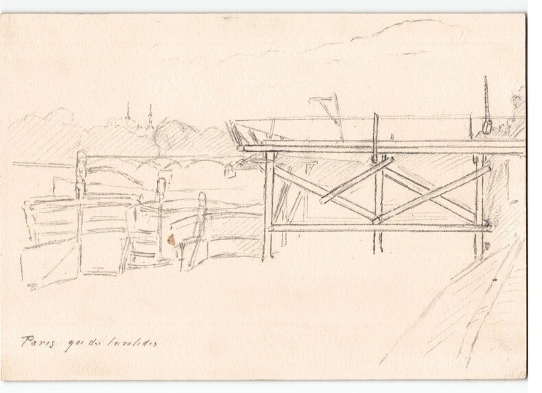 Dessin au crayon, quai des Invalides, par E. Phelipeau, 1922 environ. E. Phelipeau