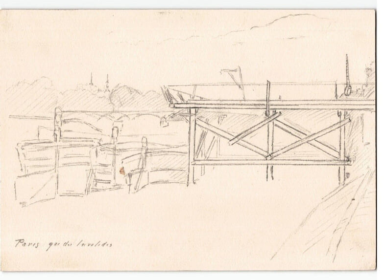 Dessin au crayon, quai des Invalides, par E. Phelipeau, 1922 environ. E. Phelipeau