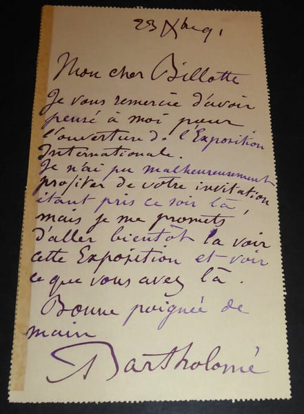 BARTHOLOME Paul Albert - CARTE LETTRE AUTOGRAPHE SIGNEE A BILLOTTE, 1891. Paul Albert Bartholom&eacute;