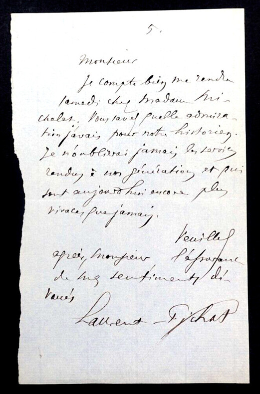 L&eacute;on LAURENT-PICHAT, Po&egrave;te - LETTRE AUTOGRAPHE SIGN&Eacute;E, MORT DE Jules MICHELET. L&eacute;on LAURENT-PICHAT