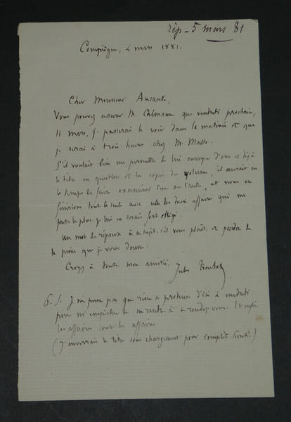 Jules TROUBAT - LETTRE AUTOGRAPHE SIGN&Eacute;E &Agrave; Emile AUCANTE, 1881. Jules TROUBAT