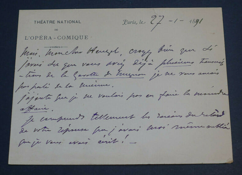 Jules DANBE, LETTRE AUTOGRAPHE SIGNEE A Henri HEUGEL, Paris, 1891. Jules Danb&eacute;
