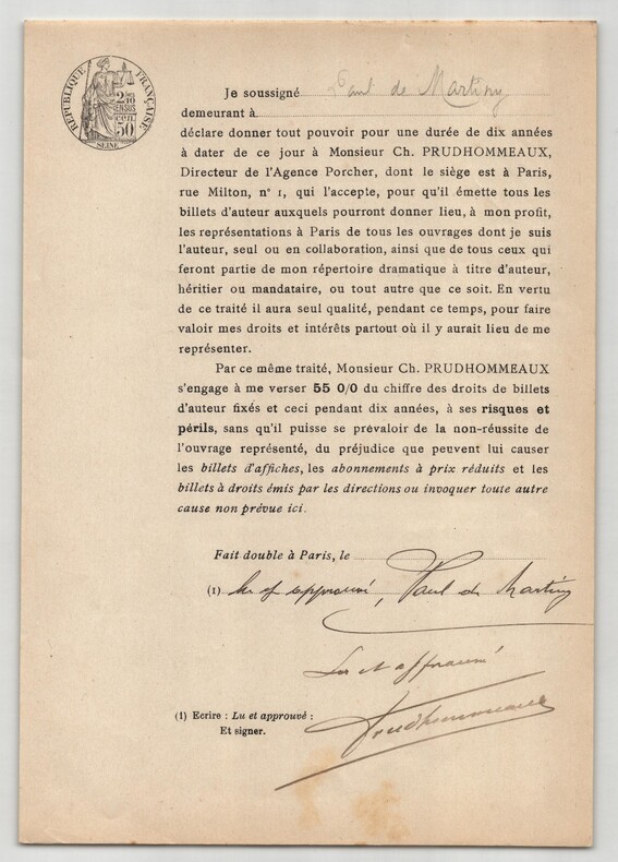 Pouvoir sign&eacute; Paul de Martigny – Collection coh&eacute;rente de 50 auteurs & musiciens. Paul de Martigny