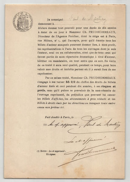 Pouvoir sign&eacute; Paul de Martigny – Collection coh&eacute;rente de 50 auteurs & musiciens. Paul de Martigny