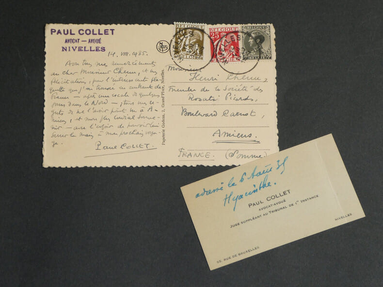 Paul Collet - Carte postale autographe sign&eacute;e et une carte de visite - 1935. Paul Collet