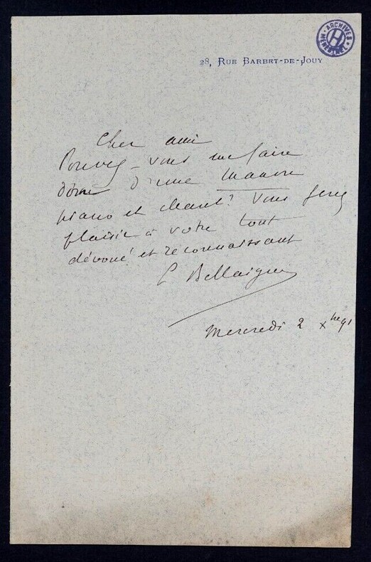 Camille BELLAIGUE, Critique musical - LETTRE AUTOGRAPHE SIGN&Eacute;E. Camille BELLAIGUE