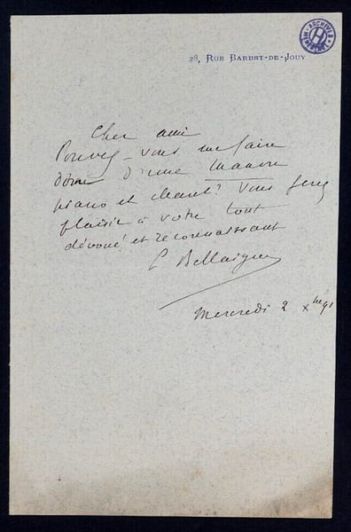 Camille BELLAIGUE, Critique musical - LETTRE AUTOGRAPHE SIGN&Eacute;E. Camille BELLAIGUE