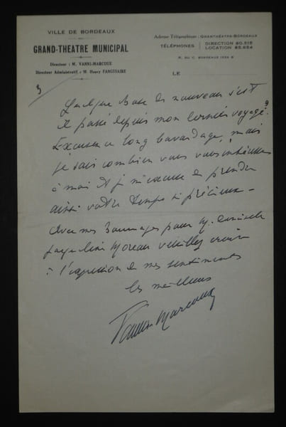 MARCOUX Giovanni - Lettre autographe sign&eacute;e, Grand Th&eacute;&acirc;tre Municipal de Bordeaux. Giovanni Vanni Marcoux
