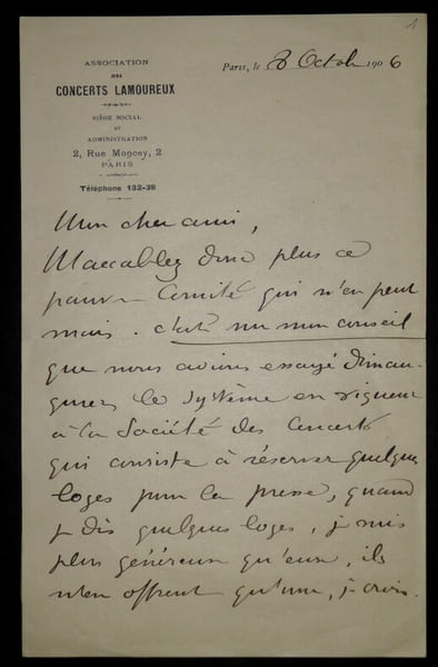 CHEVILLARD Camille - LETTRE AUTOGRAPHE SIGN&Eacute;E, CONCERTS LAMOUREUX, PARIS, 1906. Camille Chevillard
