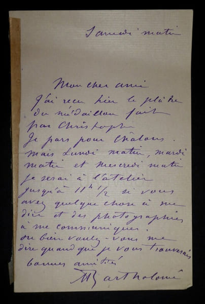 LETTRE AUTOGRAPHE SIGNEE, MEDAILLON, SCULPTURE. Paul Albert Bartholom&eacute;