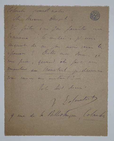 DOLMETSCH Victor - CARTE LETTRE AUTOGRAPHE SIGN&Eacute;E &Agrave; Henri HEUGEL, PARIS 1890. Victor Dolmetsch