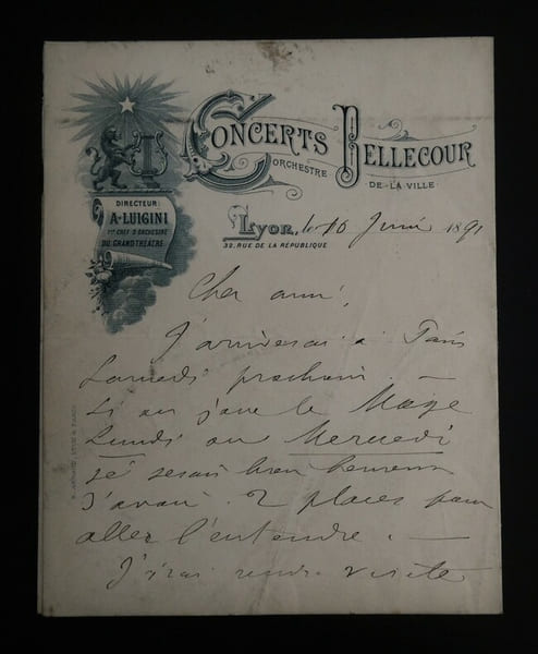 LETTRE AUTOGRAPHE SIGN&Eacute;E, CONCERTS BELLECOUR, 1891. LUIGINI Alexandre