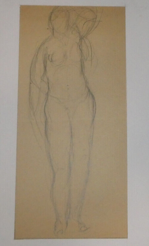 Georges CHESNEAU - NU ACAD&Eacute;MIQUE - Dessin au crayon - Femme de face nu en pied - CURIOSA. Georges Chesneau