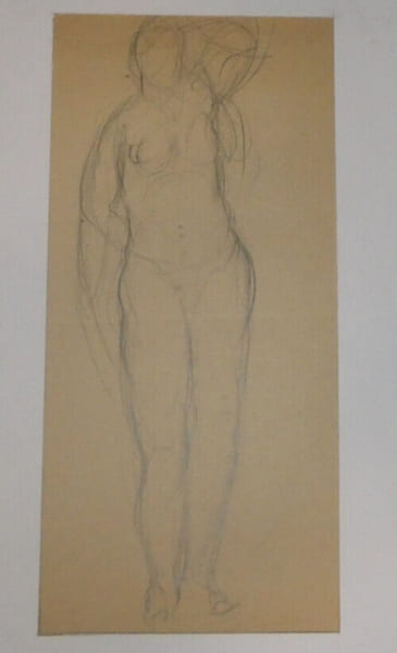 Georges CHESNEAU - NU ACAD&Eacute;MIQUE - Dessin au crayon - Femme de face nu en pied - CURIOSA. Georges Chesneau