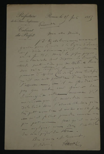 Ernest HENDL&Eacute;, Avocat et pr&eacute;fet - LETTRE AUTOGRAPHE SIGN&Eacute;E A ROUEN 1883. Ernest HENDL&Eacute;