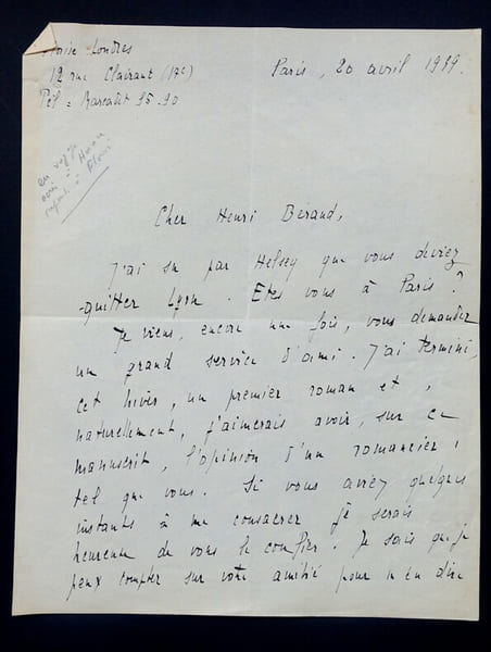 Florise LONDRES - LETTRE AUTOGRAPHE SIGN&Eacute;E, &Agrave; Henri BEREAUD, AVRIL 1939. Florise Londres