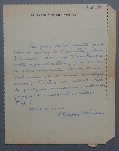 Philippe H&Eacute;RIAT - LETTRE AUTOGRAPHE SIGN&Eacute;E, 1957. Philippe H&Eacute;RIAT
