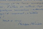 Philippe H&Eacute;RIAT - LETTRE AUTOGRAPHE SIGN&Eacute;E, 1957. Philippe H&Eacute;RIAT