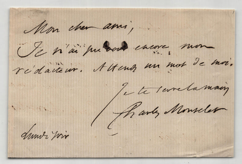 Charles Monselet - Billet autographe sign&eacute; &agrave; un ami. Charles Monselet