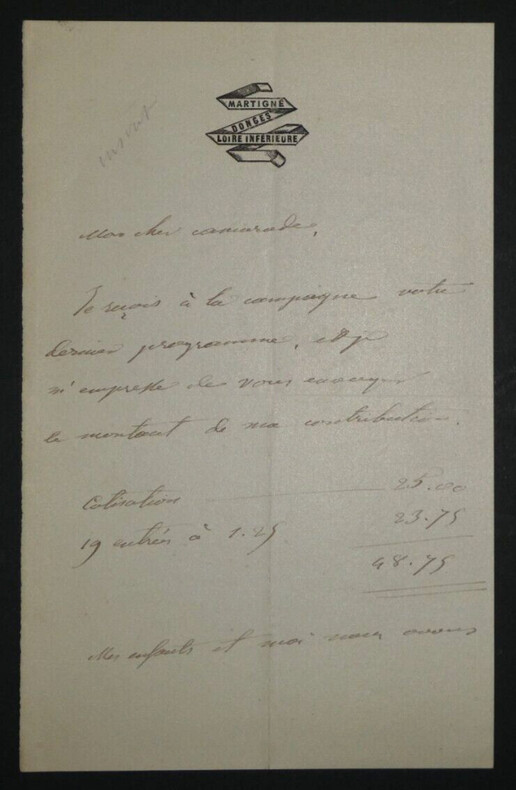 Jules-Antoine Maillard DE LA GOURNERIE, Ing&eacute;nieur - LETTRE AUTOGRAPHE SIGN&Eacute;E. Jules-Antoine Maillard DE LA GOURNERIE