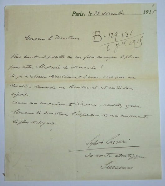 LAZZARI Sylvio - LETTRE AUTOGRAPHE SIGNEE, PARIS, 1915. Sylvio Lazzari