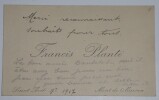 PLANTE Francis - CARTE DE VISITE AUTOGRAPHE SIGNEE, 1917. Francis Plant&eacute;