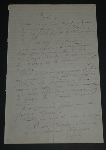 Edmond GEFFROY - Lettre autographe sign&eacute;e dessin Tartuffe Le Misanthrope Moli&egrave;re. Edmond GEFFROY