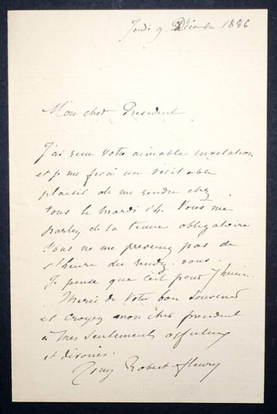 Tony ROBERT-FLEURY - LETTRE AUTOGRAPHE SIGN&Eacute;E, REPONSE A UNE INVITATION, 1886. Tony ROBERT-FLEURY