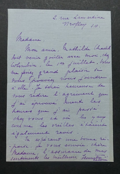 CELARIE Henriette - CARTE LETTRE AUTOGRAPHE SIGN&Eacute;E &Agrave; MADAME VINCENS BOUGUEREAU. Henriette C&eacute;lari&eacute;