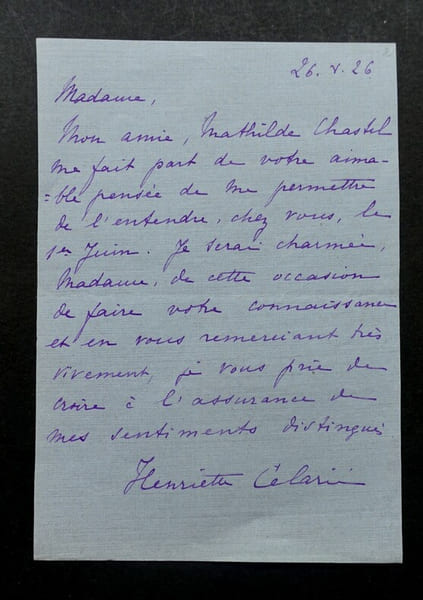 CELARIE Henriette - CARTE LETTRE AUTOGRAPHE SIGN&Eacute;E &Agrave; MADAME VINCENS BOUGUEREAU. Henriette C&eacute;lari&eacute;