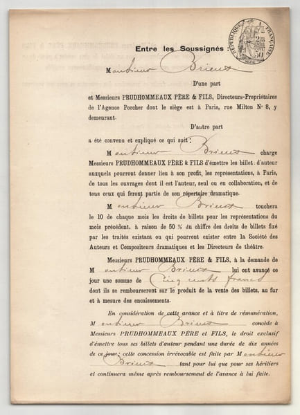 Pouvoir sign&eacute; par Eug&egrave;ne Brieux – Collection coh&eacute;rente de 50 auteurs & musiciens. Eug&egrave;ne Brieux