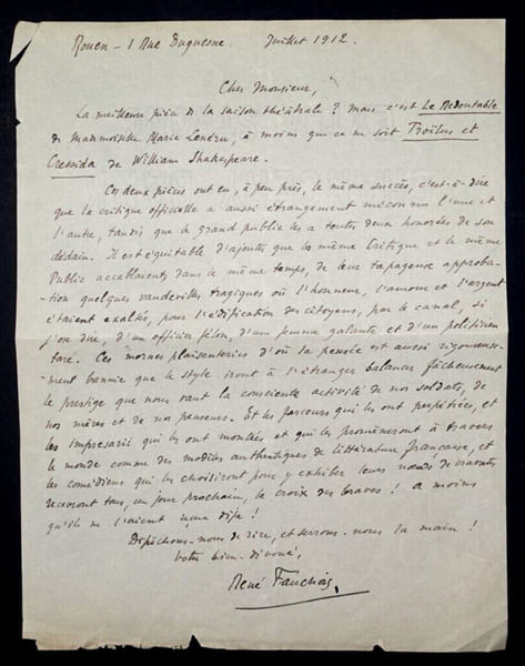 Ren&eacute; FAUCHOIS, BELLE LETTRE AUTOGRAPHE SIGN&Eacute;E SUR LE THEATRE, 1912 &agrave; ROUEN. Ren&eacute; FAUCHOIS