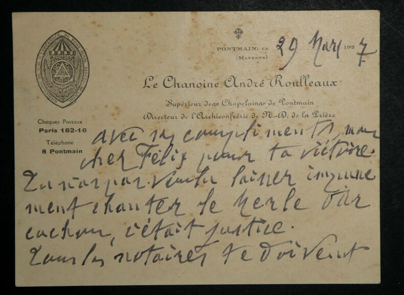 ROULLEAUX Andr&eacute; - LETTRE AUTOGRAPHE SIGN&Eacute;E, EGLISE, PONTMAIN 1927. Andr&eacute; Roulleaux