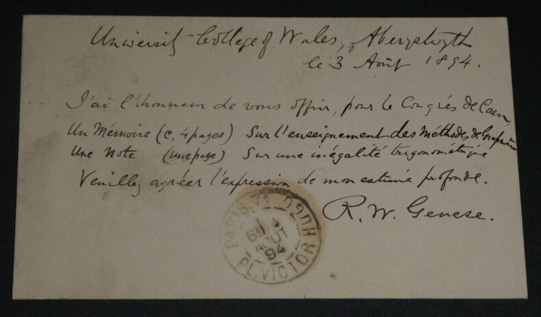 Robert William GENESE - Carte-lettre autographe sign&eacute;e &agrave; Charles-Ange LAISANT, 1894. Robert William GENESE